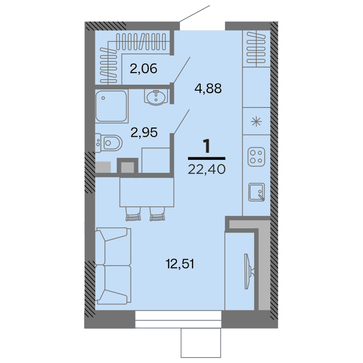 1-комнатная, 22.4 м² — изображение 1