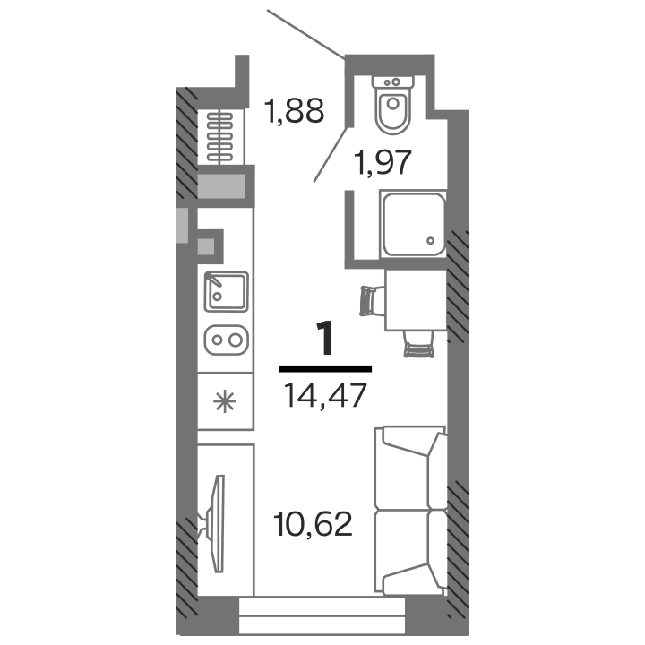 1-комнатная, 14.47 м² — изображение 1