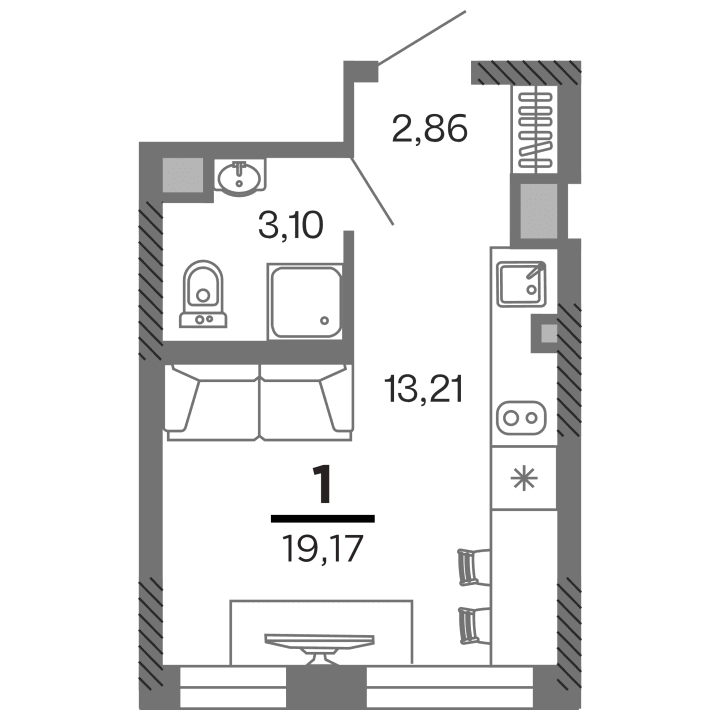 1-комнатная, 19.17 м² — изображение 1