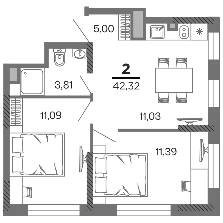 2-комнатная, 42.32 м² — изображение 1