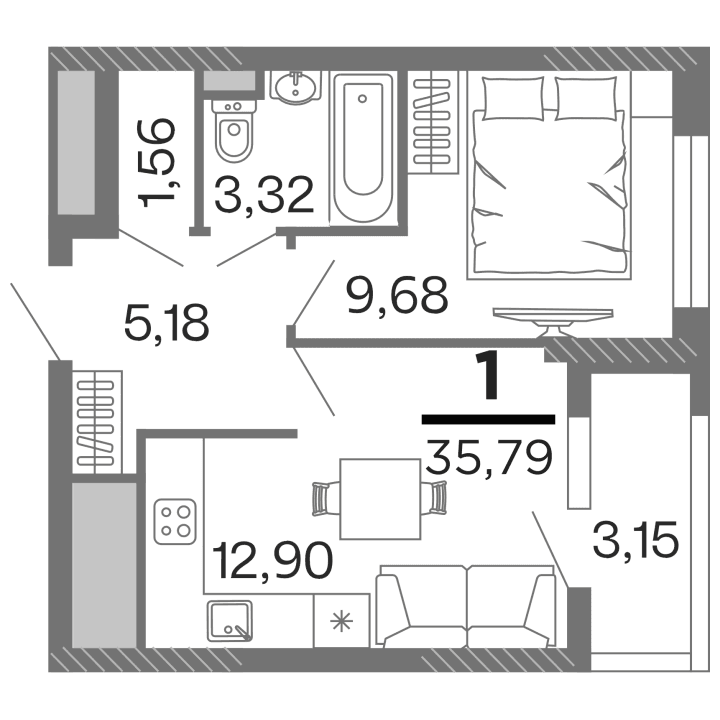 1-комнатная, 35.79 м² — изображение 1