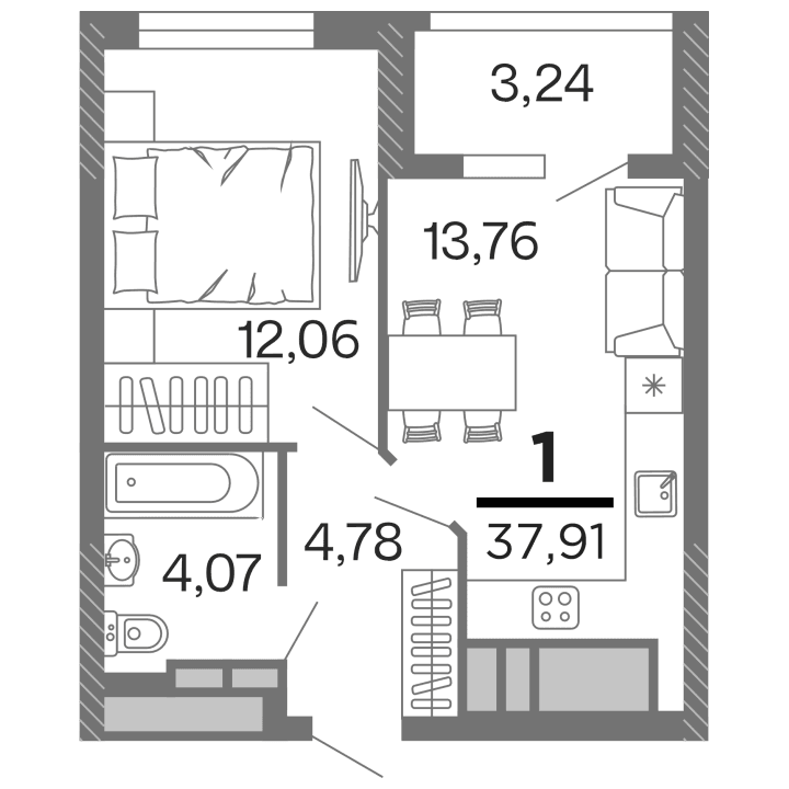 1-комнатная, 37.91 м² — изображение 1