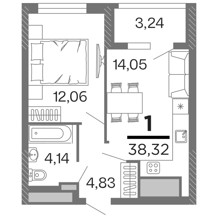 1-комнатная, 38.32 м² — изображение 1