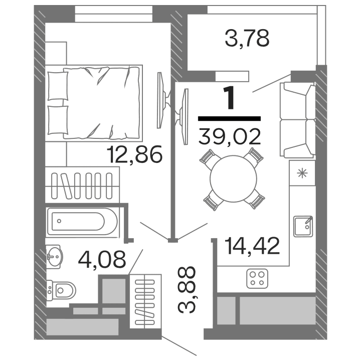 1-комнатная, 39.02 м² — изображение 1