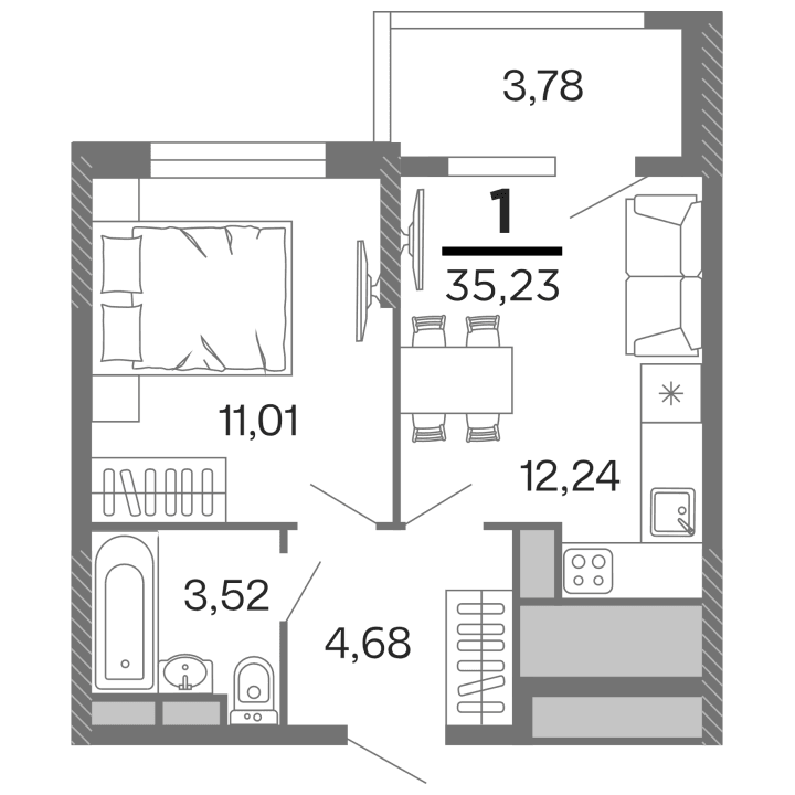 1-комнатная, 35.23 м² — изображение 1