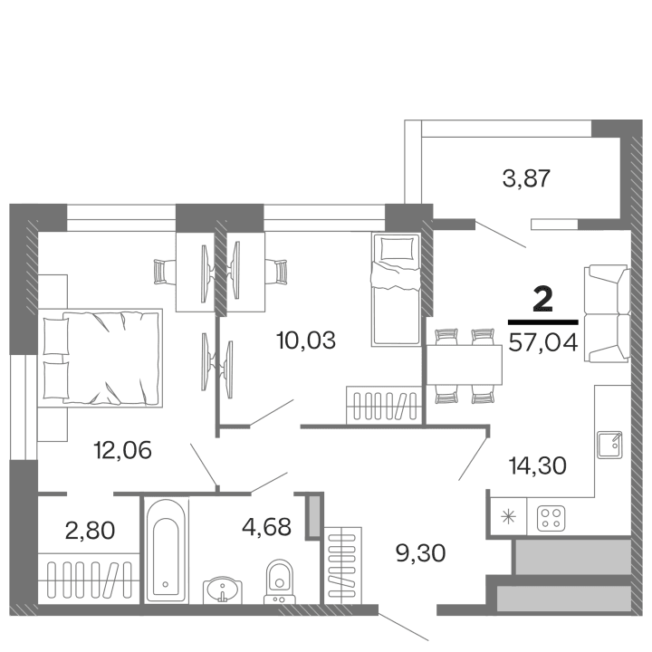 2-комнатная, 57.04 м² — изображение 1