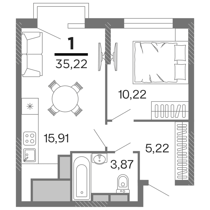 1-комнатная, 35.22 м² — изображение 1