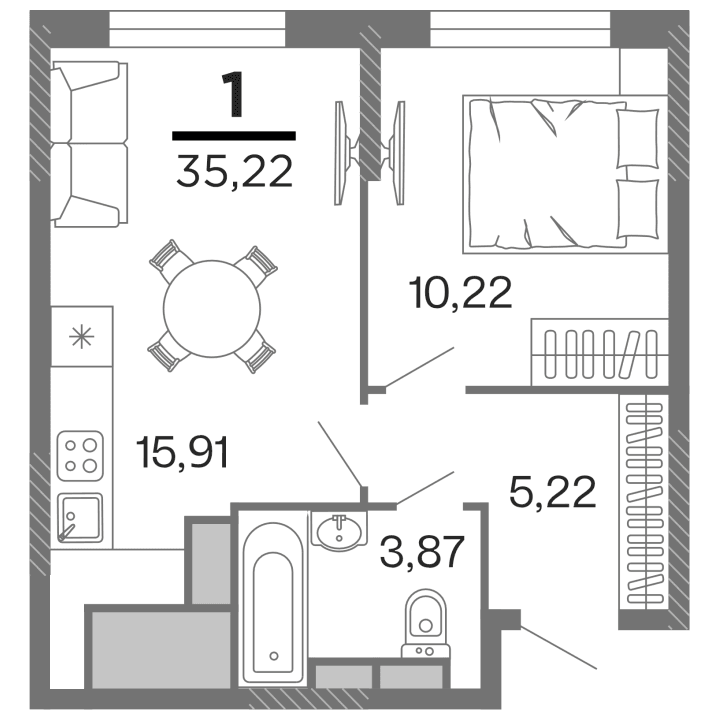 1-комнатная, 35.22 м² — изображение 1