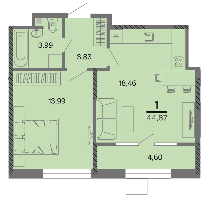 1-комнатная, 44.87 м² — изображение 1