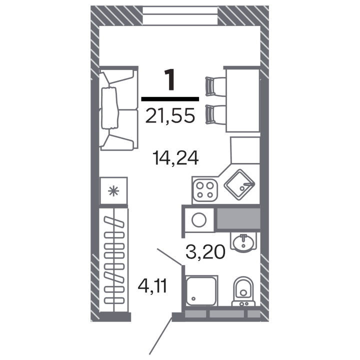 1-комнатная, 21.55 м² — изображение 1