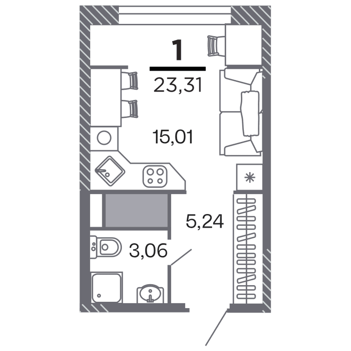 1-комнатная, 23.31 м² — изображение 1