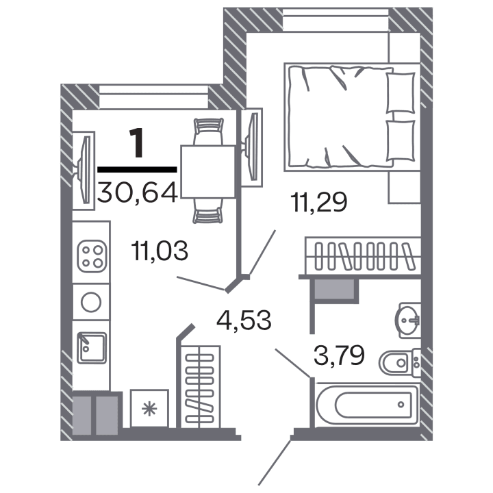 1-комнатная, 30.64 м² — изображение 1