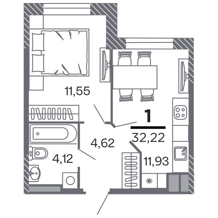 1-комнатная, 32.22 м² — изображение 1