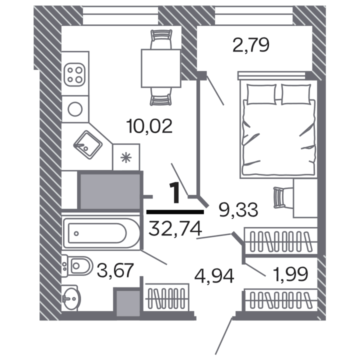 1-комнатная, 32.74 м² — изображение 1