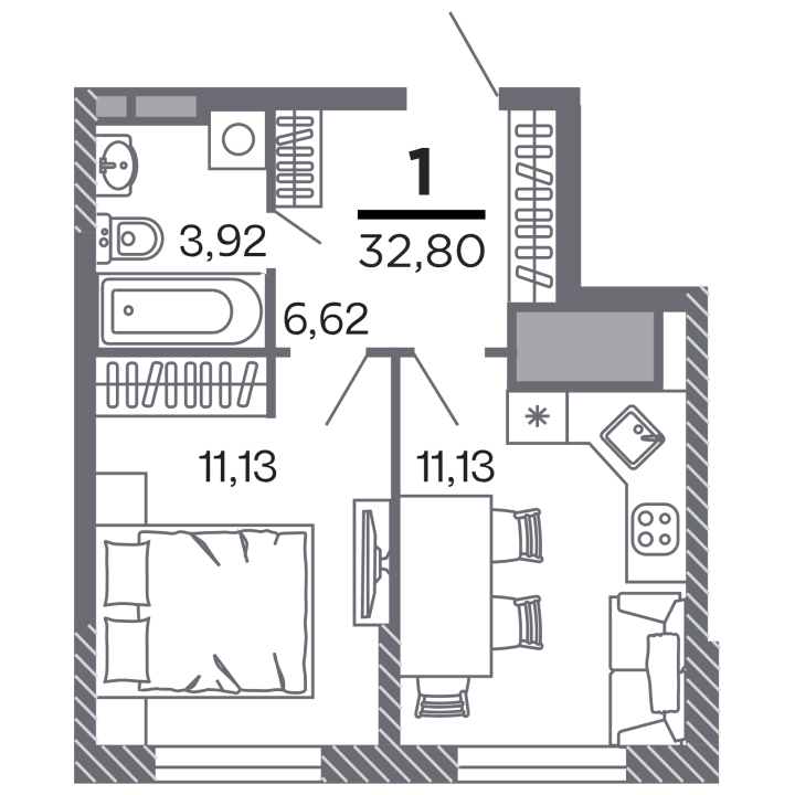 1-комнатная, 32.8 м² — изображение 1
