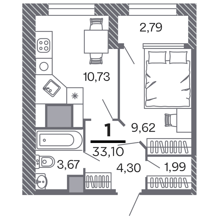 1-комнатная, 33.1 м² — изображение 1