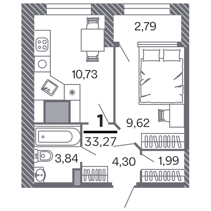 1-комнатная, 33.27 м² — изображение 1