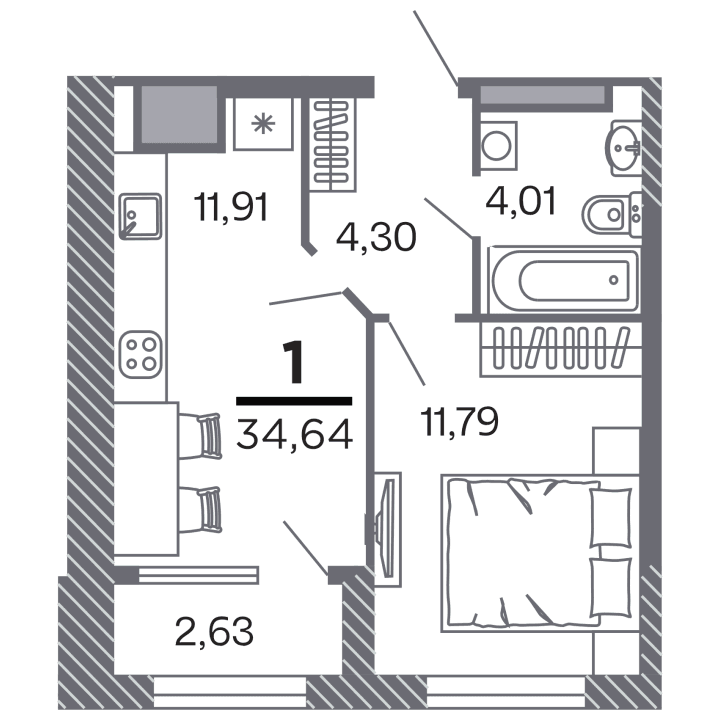 1-комнатная, 34.64 м² — изображение 1