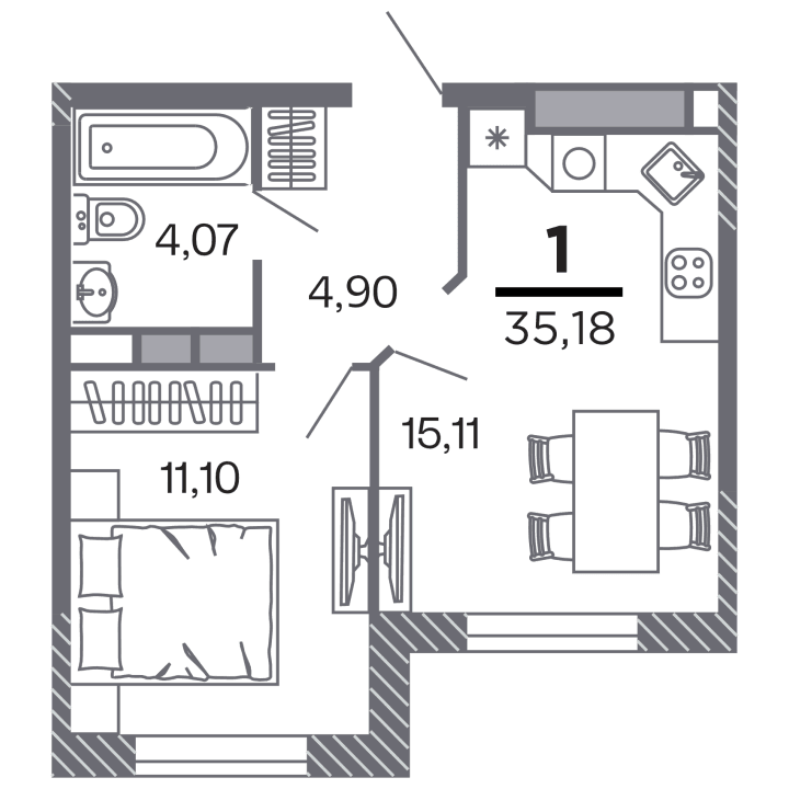1-комнатная, 35.18 м² — изображение 1
