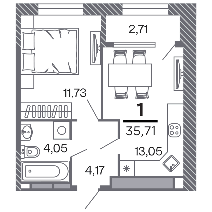 1-комнатная, 35.71 м² — изображение 1