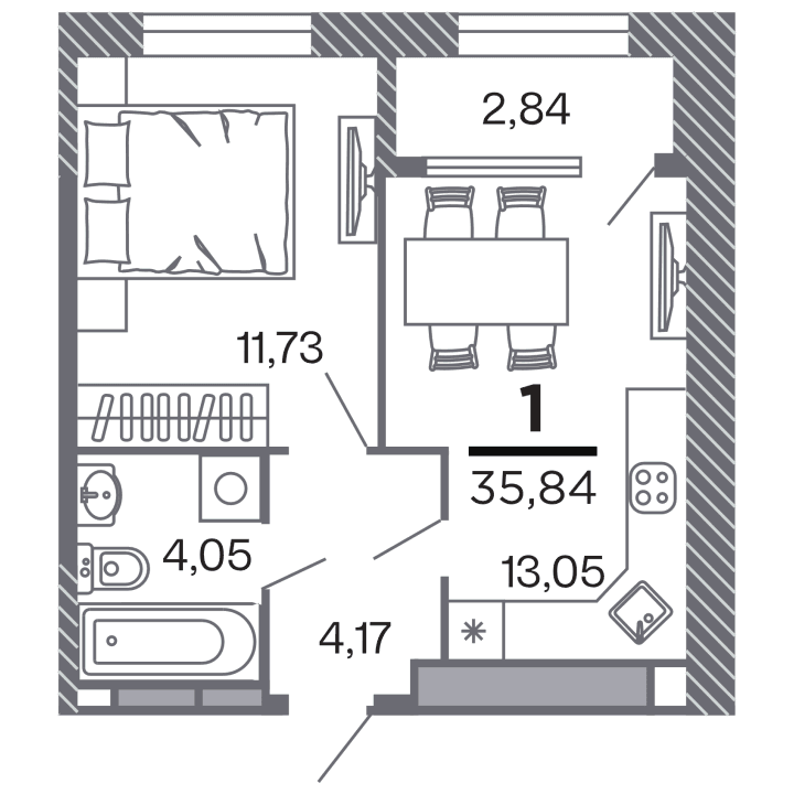 1-комнатная, 35.84 м² — изображение 1