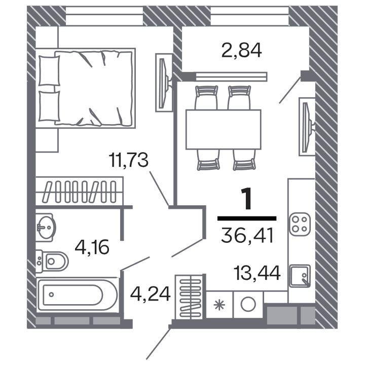 1-комнатная, 36.41 м² — изображение 1