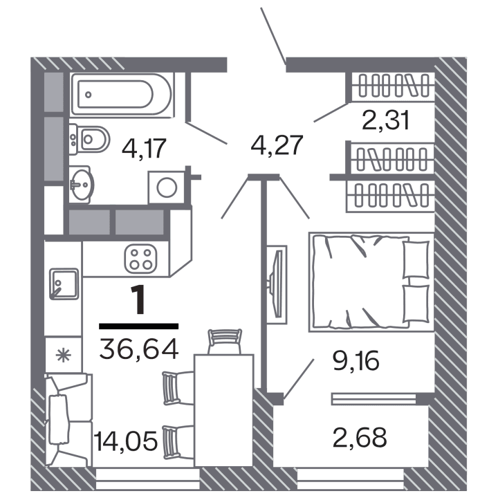 1-комнатная, 36.64 м² — изображение 1