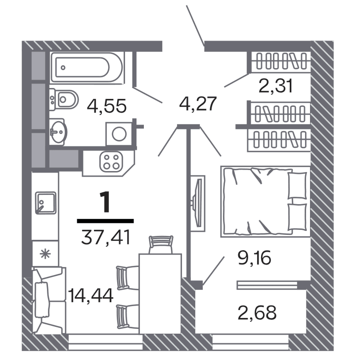 1-комнатная, 37.41 м² — изображение 1