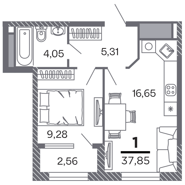 1-комнатная, 37.85 м² — изображение 1