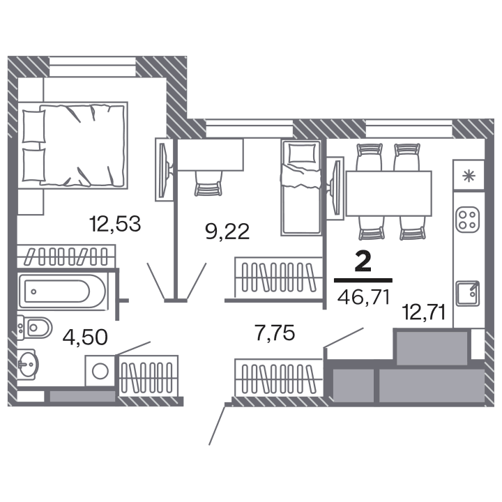 2-комнатная, 46.71 м² — изображение 1