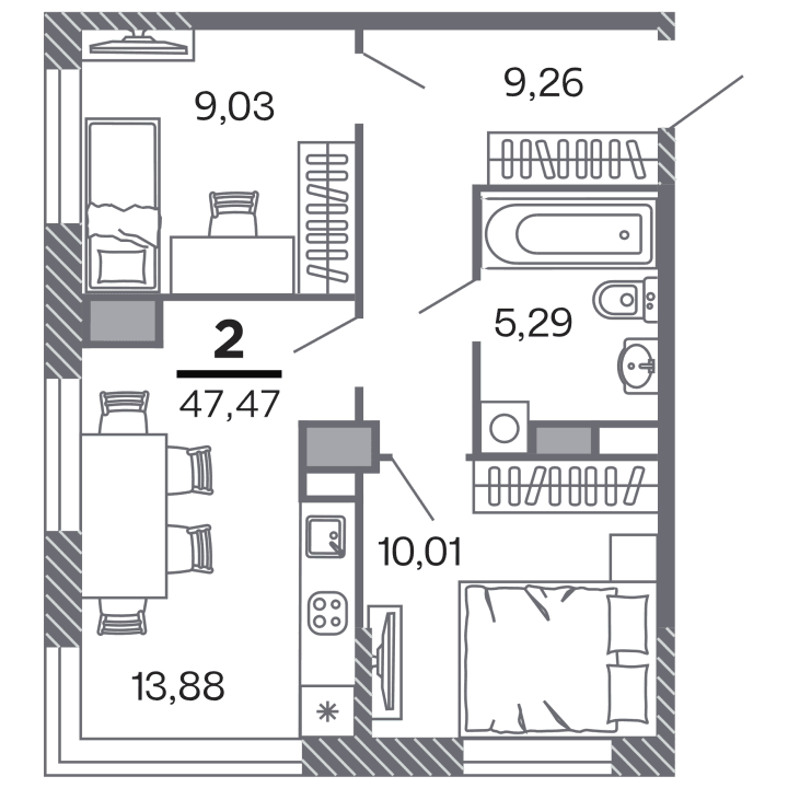 2-комнатная, 47.47 м² — изображение 1