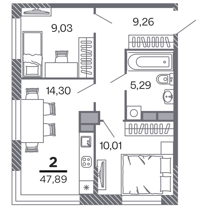 2-комнатная, 47.89 м² — изображение 1