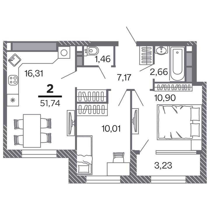 2-комнатная, 51.74 м² — изображение 1