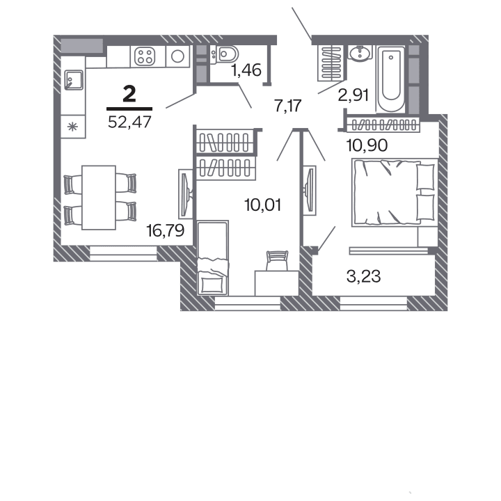 2-комнатная, 52.47 м² — изображение 1