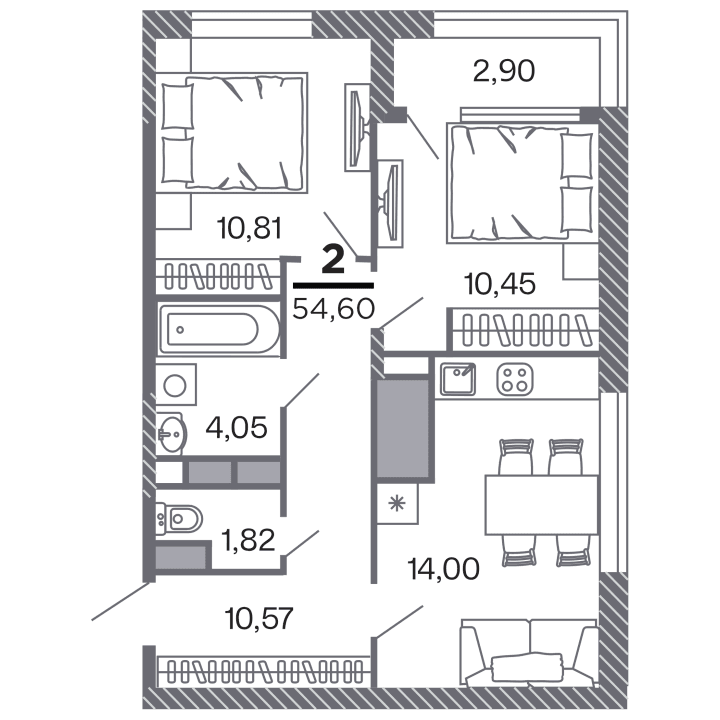 2-комнатная, 54.6 м² — изображение 1