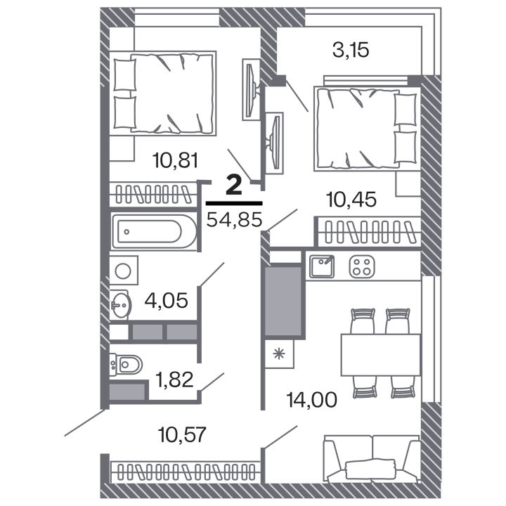 2-комнатная, 54.85 м² — изображение 1