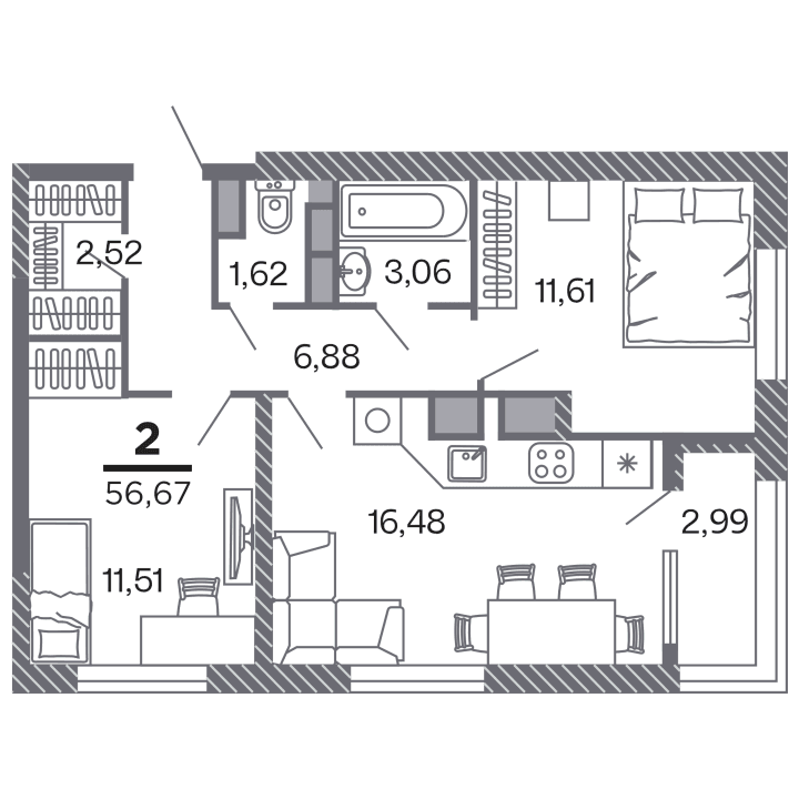 2-комнатная, 56.67 м² — изображение 1