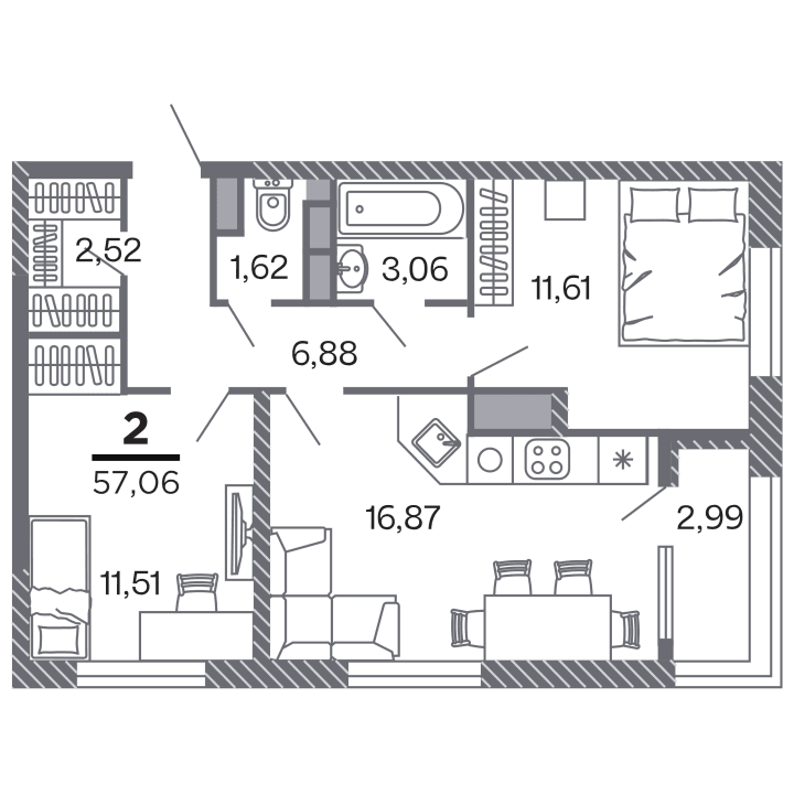 2-комнатная, 57.06 м² — изображение 1