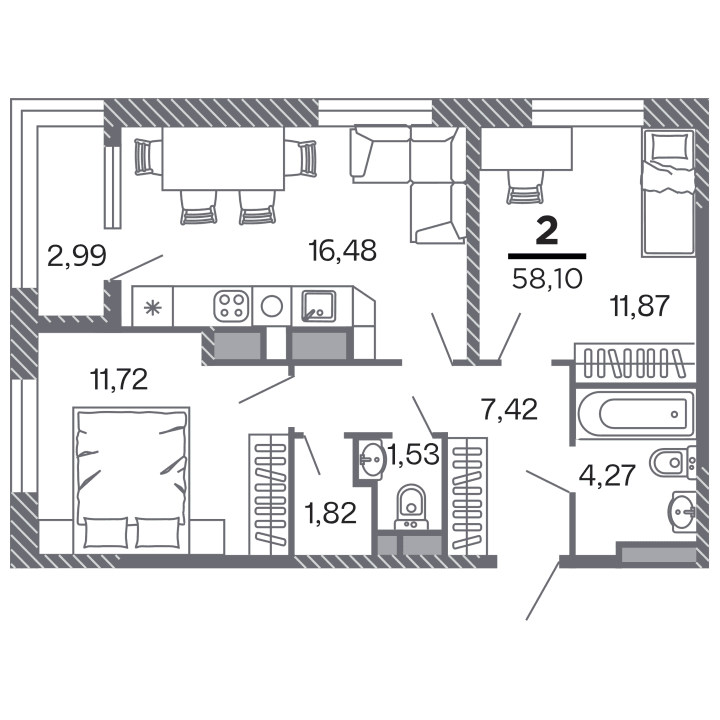 2-комнатная, 58.1 м² — изображение 1