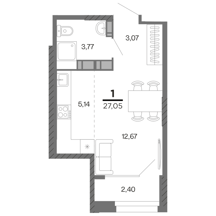 1-комнатная, 27.05 м² — изображение 1