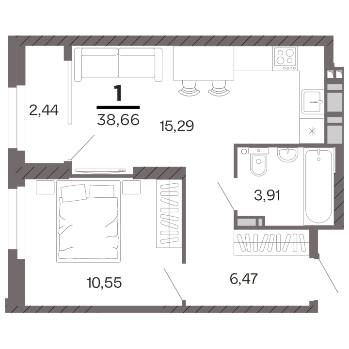 1-комнатная, 38.66 м² — изображение 1