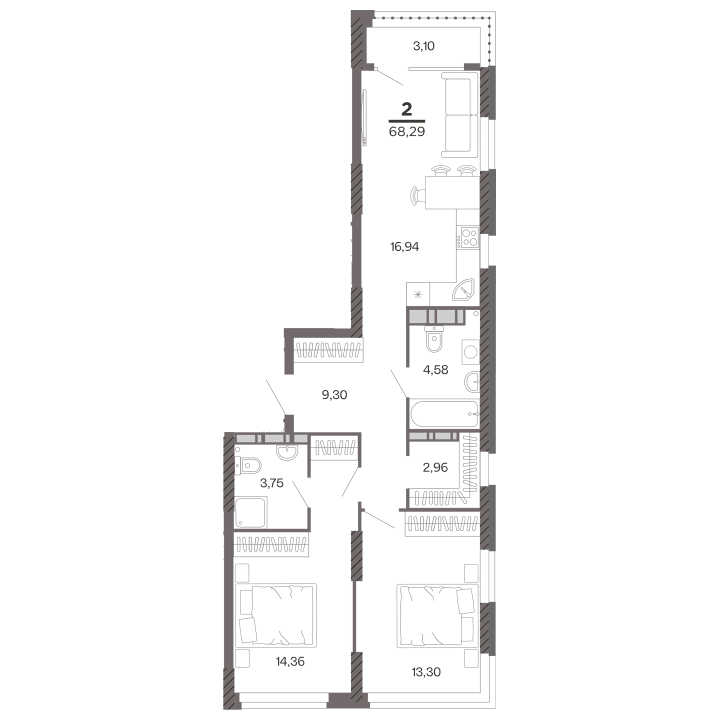 2-комнатная, 68.29 м² — изображение 1