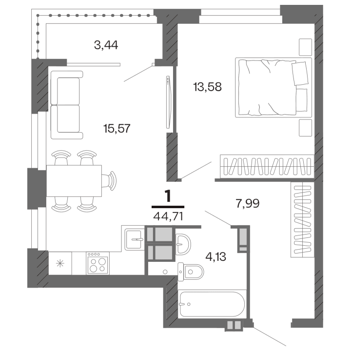 1-комнатная, 44.71 м² — изображение 1