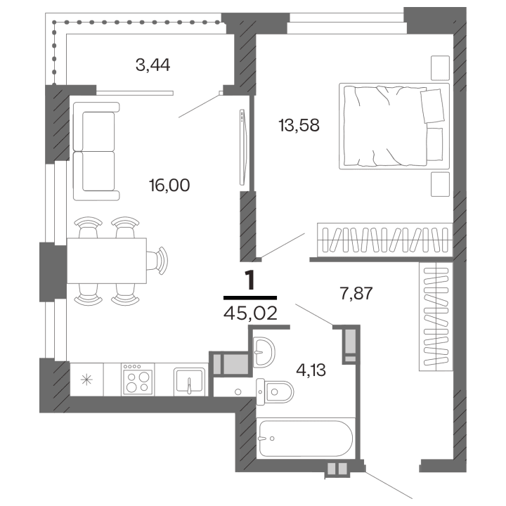 1-комнатная, 45.02 м² — изображение 1