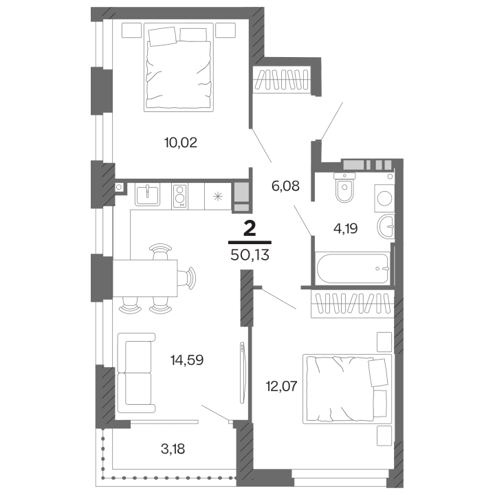 2-комнатная, 50.13 м² — изображение 1