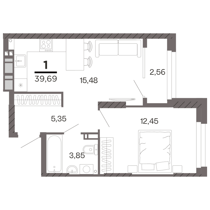 1-комнатная, 39.69 м² — изображение 1