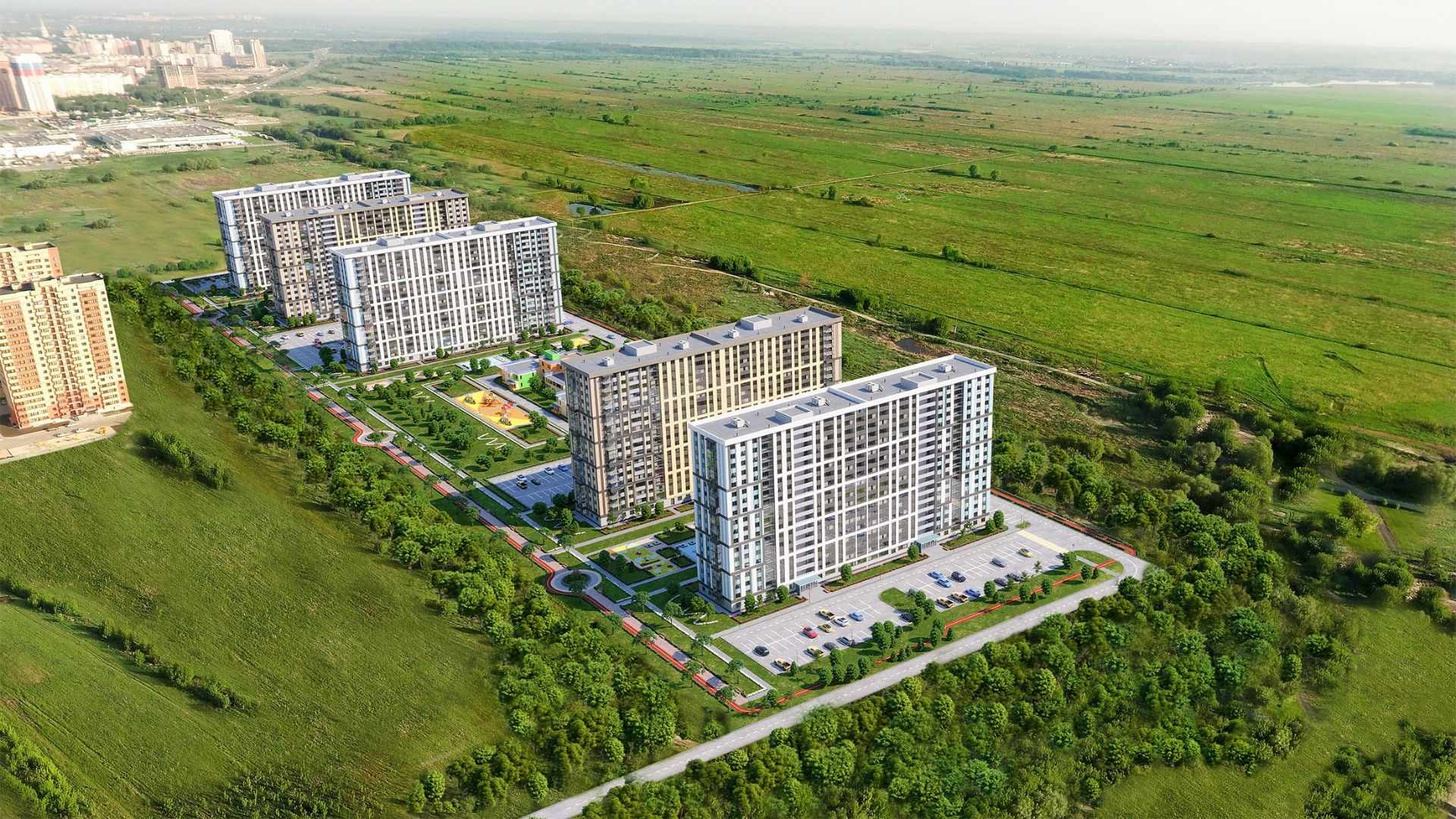 Зеленый бульвар с площадками в центре квартала Бульвар Оптимистов