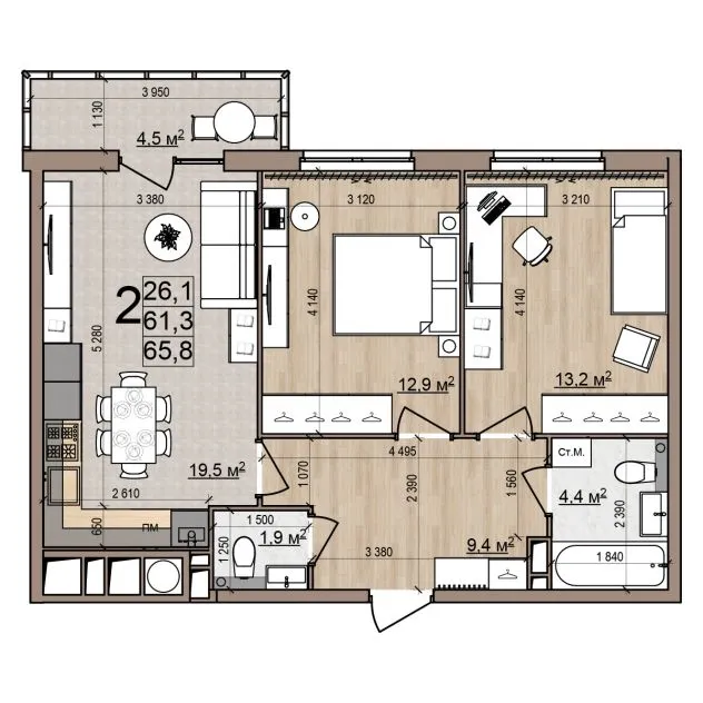 Планировка 2-комнатная, 65.8 м²