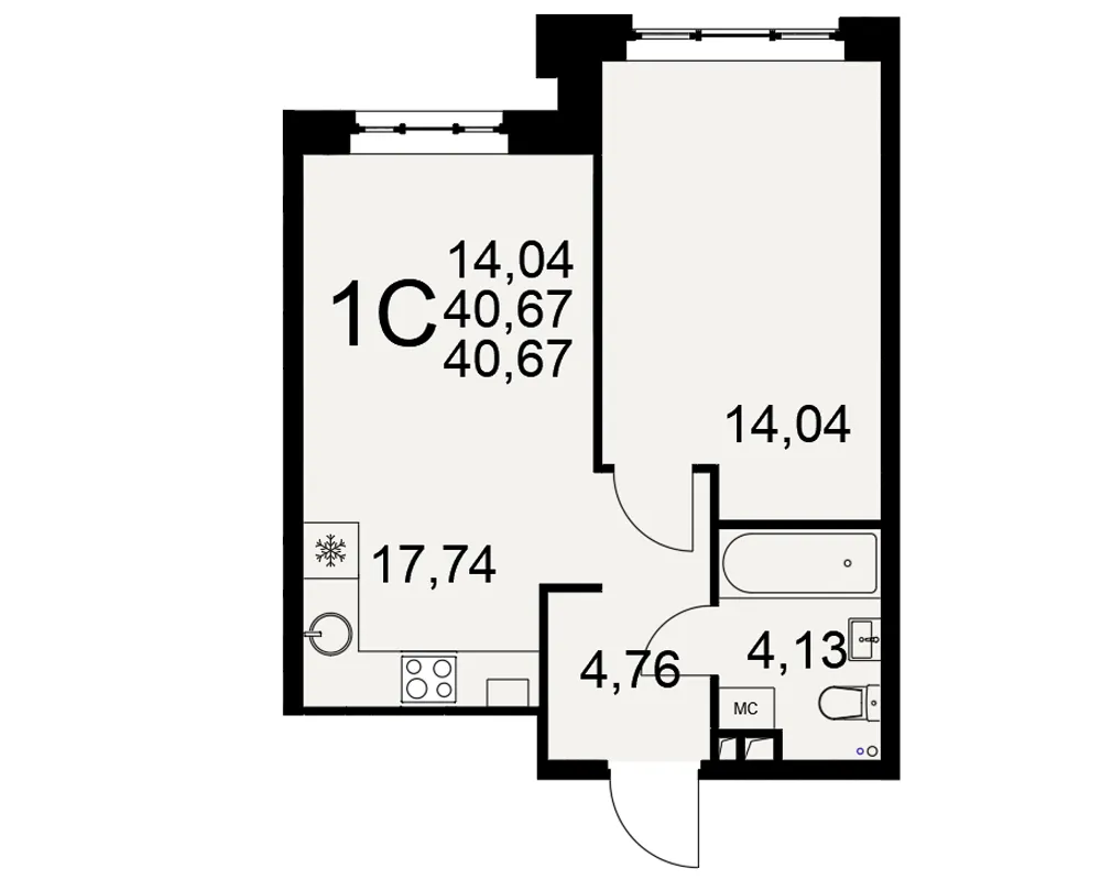 Планировка 1-комнатная, 40.67 м²
