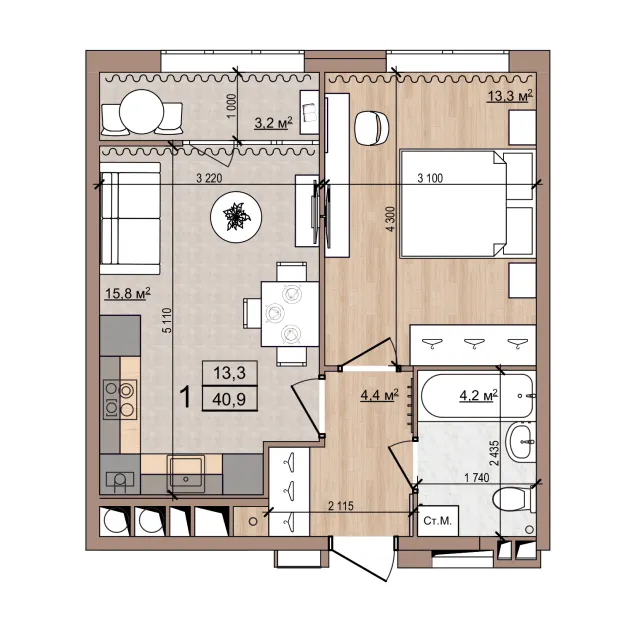 Планировка 1-комнатная, 40.9 м²